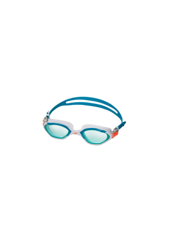 White Speedo Googles with Blue Strap and Clear Blue Lenses